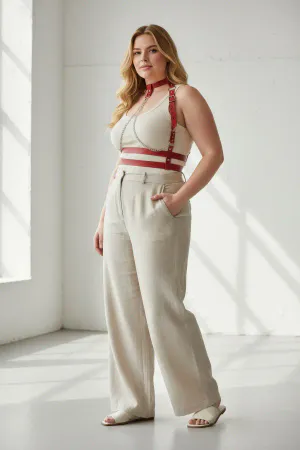 Plus Size Red Women's Belt Chain Detailed Leather Harness Body Accessory - APFT824