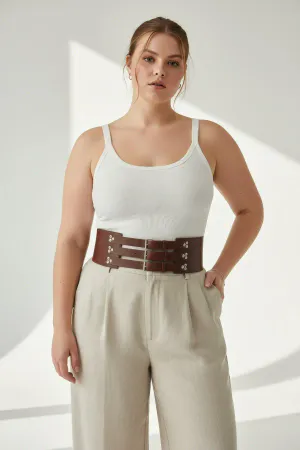 Plus Size Brown Women's Belt Wide Waist Corset Detailed - APFT827