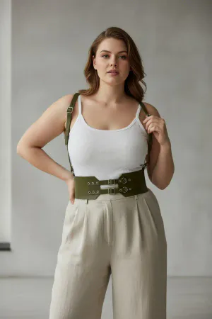 Plus Size Khaki Women's Leather Belt Shoulder Strap Corset Model with Eyelet Detail - APFT853