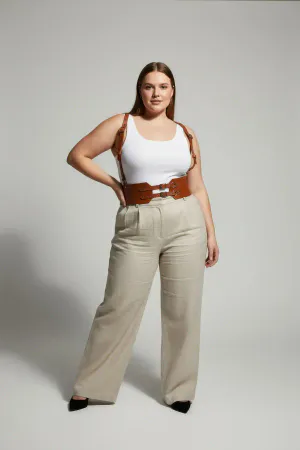 Plus Size Tan Women's Leather Belt Suspender Corset Style Double Buckle - APFT853