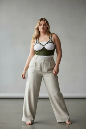 Plus Size Khaki Women's Belt Rivet Detailed Leather Harness Body Belt - APFT872