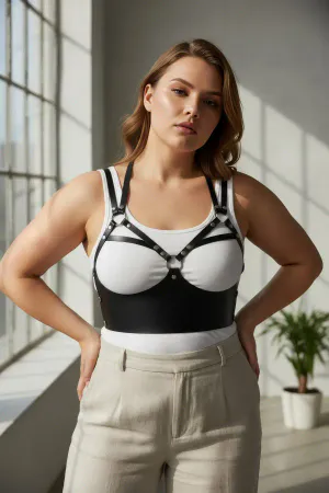 Plus Size Black Women's Belt & Ring Detailed Leather Bra Harness Body Accessory - APFT872