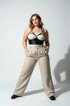 Plus Size Black Women's Belt & Ring Detailed Leather Bra Harness Body Accessory - APFT872