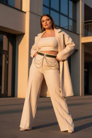 Plus Size Khaki Women's Leather Belt with Chain Detail Complementing the Combination - APFT904