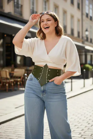 Plus Size Khaki Women's Corset Belt, Thick Waist Accessory with Staple Detail - APFT905