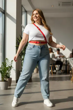 Large Size Red Women's Belt with Classic Buckle, Complementing the Stylish Combination. -APFT917