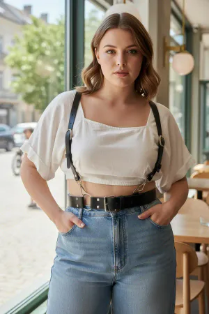 Plus Size Black Women's Belt Leather Harness Style Ring Detailed Body Accessory - APFT934