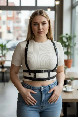 Plus Size Black Women's Belt Adjustable Body Accessory with Leather Harness Look - APFT941