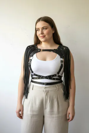 Plus Size Black Women's Belt Tassel Detailed Leather Body Accessory - APFT999