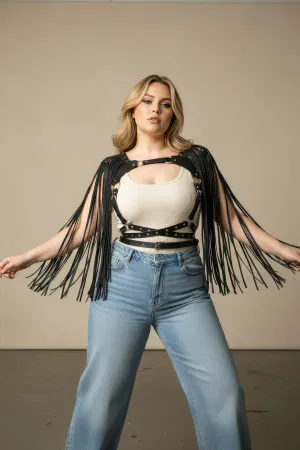 Plus Size Black Women's Belt Tassel Detailed Leather Body Accessory - APFT999