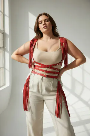 Plus Size Red Women's Belt Tassel Detailed Leather Body Accessory - APFT1005