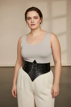 Plus Size Black Women's Belt Stud Detailed Wide Bodice Design - APFT1087