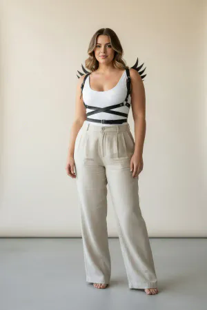 Plus Size Black Women's Belt Wing Detailed Leather Harness Body Accessory - APFT1097