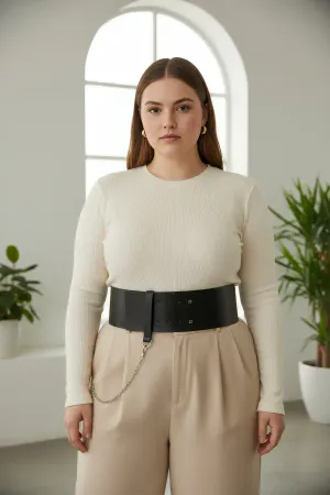 Plus Size Black Women's Belt Corset Model with Chain Detail - APFT1117