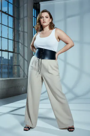 Plus Size Black Women's Belt Lace-up Corset Detailed Dress Combination - APFT1127