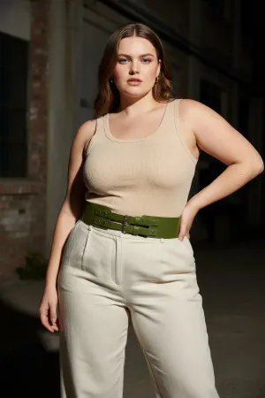 Large Size Khaki Women's Belt, Wide Form Double Buckle Complementing the Combination - APFT1203