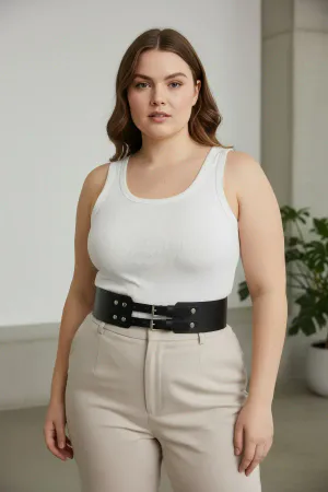 Large Size Black Women's Belt Thick Form with Double Buckle and Studded Detail - APFT1203