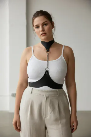 Large Size Black Women's Leather Body Belt with Chain Detail Outfit Accessory - APFT1265