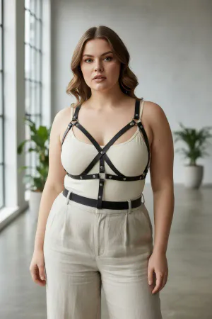 Plus Size Black Women's Belt Harness Detailed Leather Body Accessory - APFT1294