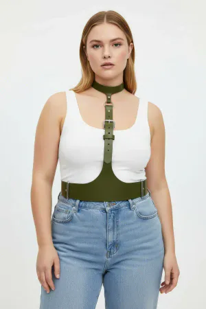 Plus Size Khaki Women's Belt, Corset Look Leather Harness Body Accessory - APFT1297