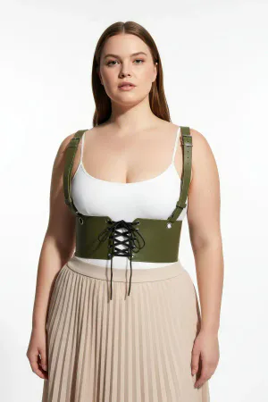 Plus Size Khaki Women's Corset Style with Belt Shoulder Straps - APFT1429