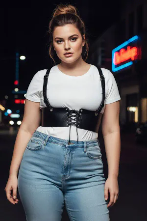 Plus Size Black Women's Leather Belt Shoulder Strap Lace-Up Corset - APFT1429