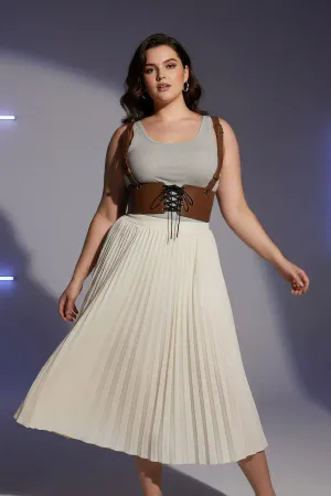 Plus Size Tan Women's Corset Belt with Shoulder Straps and Lace Detail - APFT1429