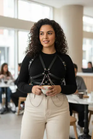 Plus Size Black Women's Belt Chain Detailed Corset Style Body Accessory - APFT9