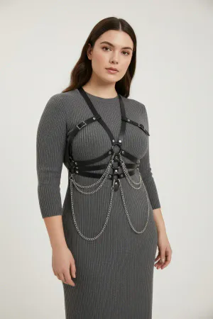 Plus Size Black Women's Belt Chain Detailed Corset Style Body Accessory - APFT9