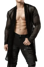 Men's Long Mesh Kimono Shirt, Black Transparent Clubwear - APTM001 - Image 5