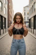 Red Women's Belt with Chain Detail and Metal Ring Body Accessory - SH463 - Image 2