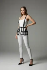 Black Skirt with Leather Cage Detail, High Waist Skirt - SH983 - Image 2