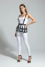 Black Skirt with Leather Cage Detail, High Waist Skirt - SH983 - Image 4