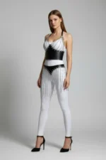 Black Leather Corset-Style Skirt with Chain Fringe - SH994 - Image 2