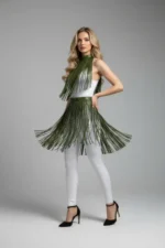 Khaki Faux Leather Skirt with Tassels Party Dress - SH997 - Image 2