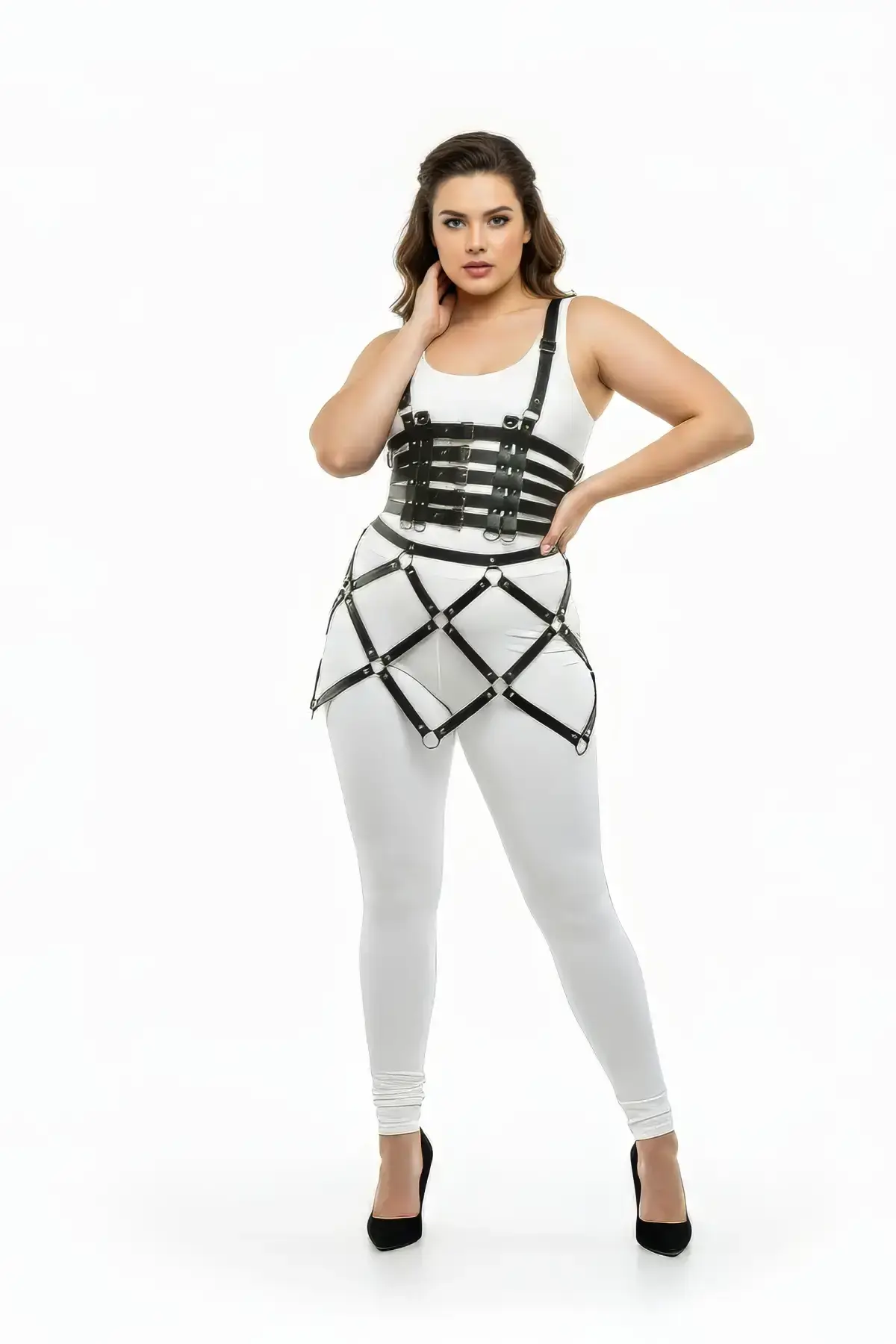 Plus Size Black Skirt with Cage Detail Leather Harness Accessory - SH785