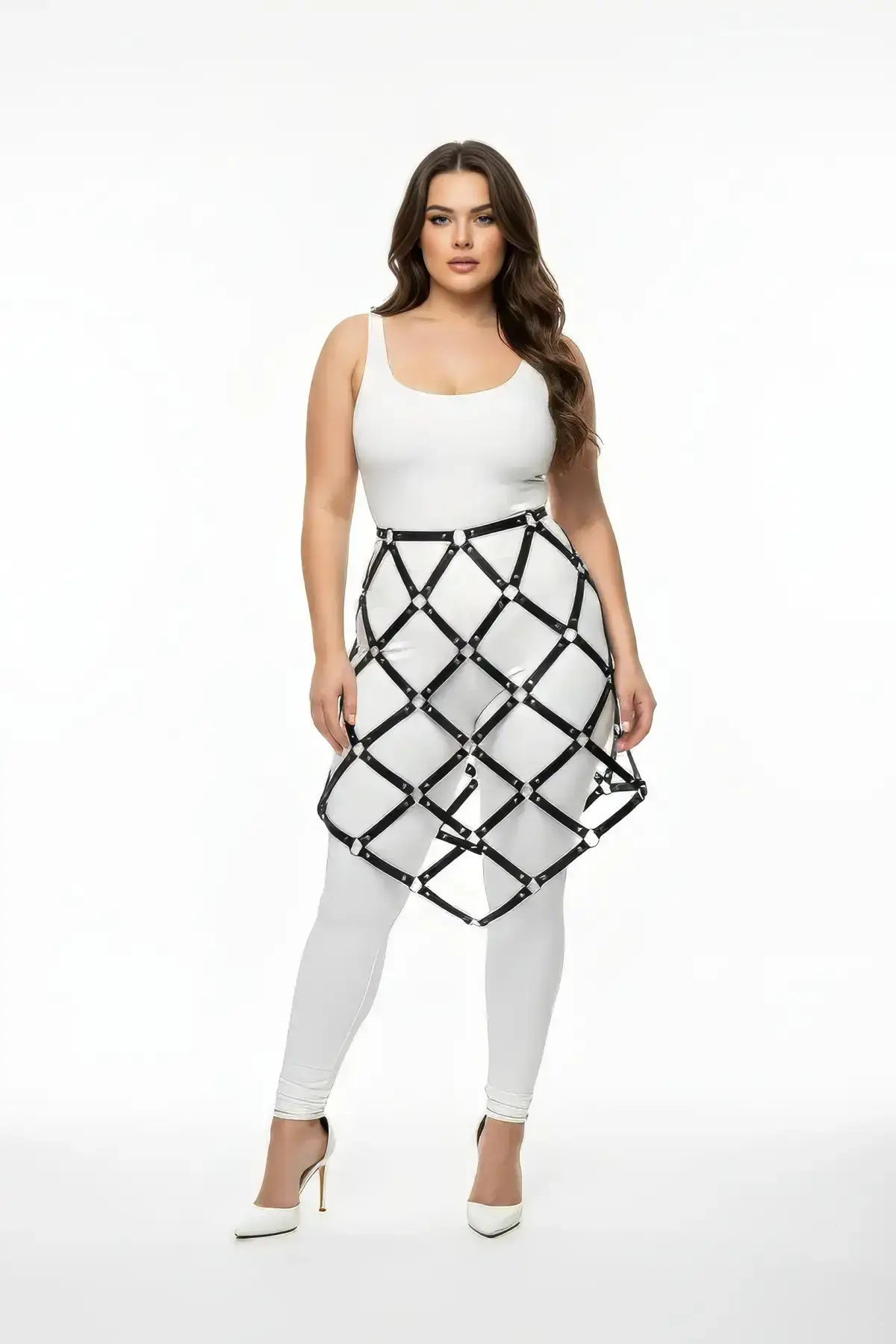 Plus Size Black Leather Cage Design Harness Skirt - SH982